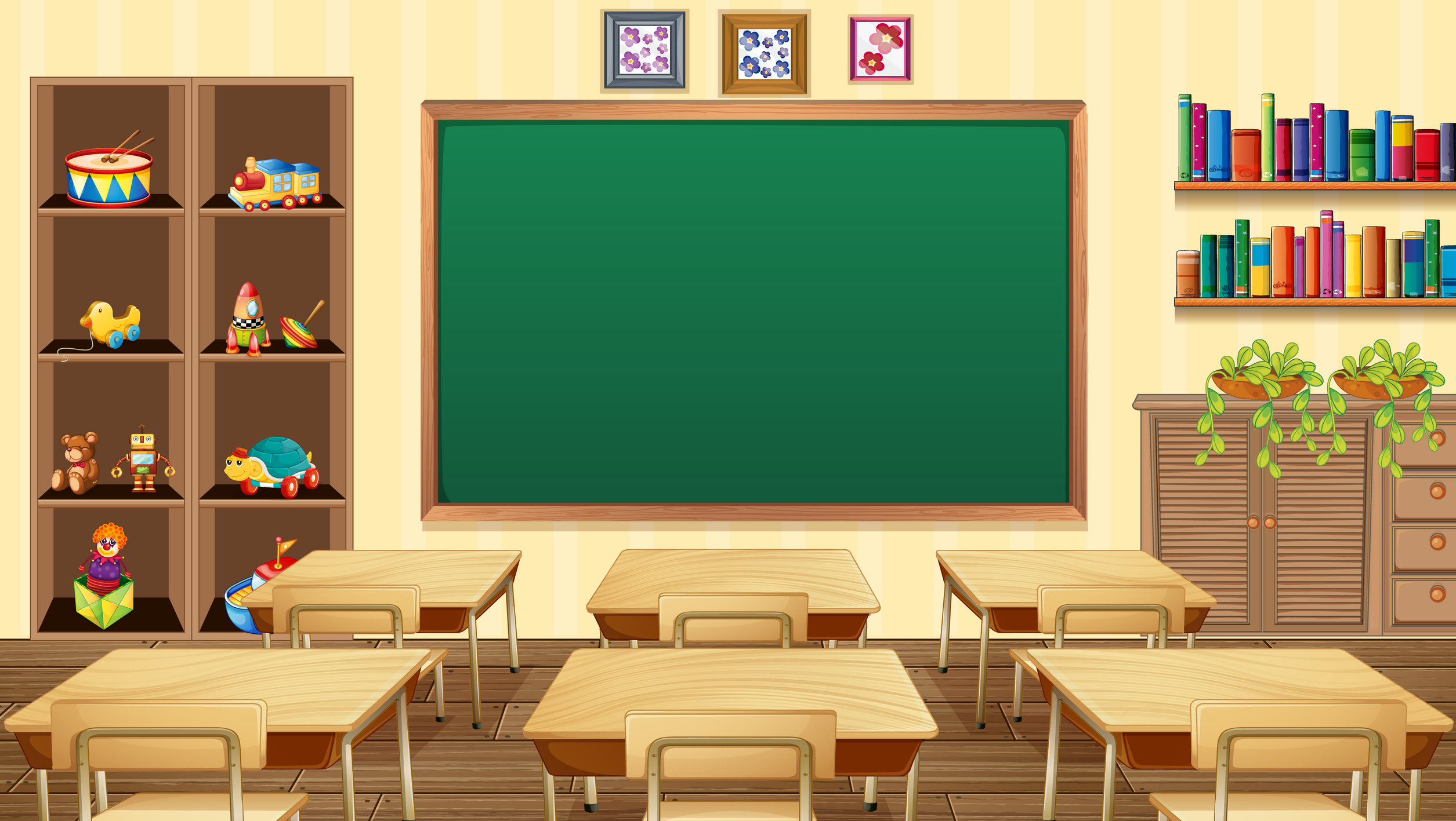 Empty classroom scene with interior decoration and objects